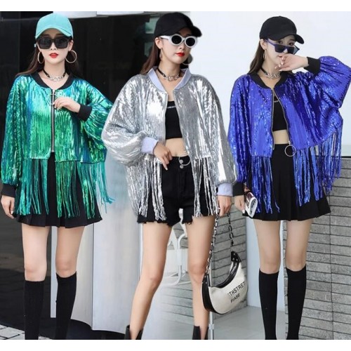 Women Girls Green silver gold black blue red green Fringed jazz dance coat gogo danders concert event stage performance reflective bling  sequined jacket for female